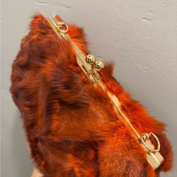 Real Fox Fur Herringbone Pattern Handmade Kisslock Clutch/Shoulder Bag/Crossbody - Picture 13 of 16